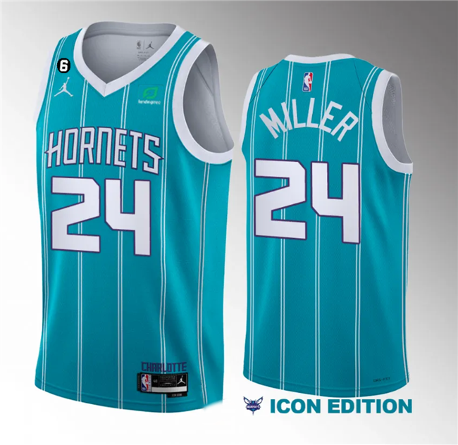 Men's Charlotte Hornets #24 Brandon Miller Teal 2022/23 Draft Icon Edition With NO.6 Patch Stitched Basketball Jersey
